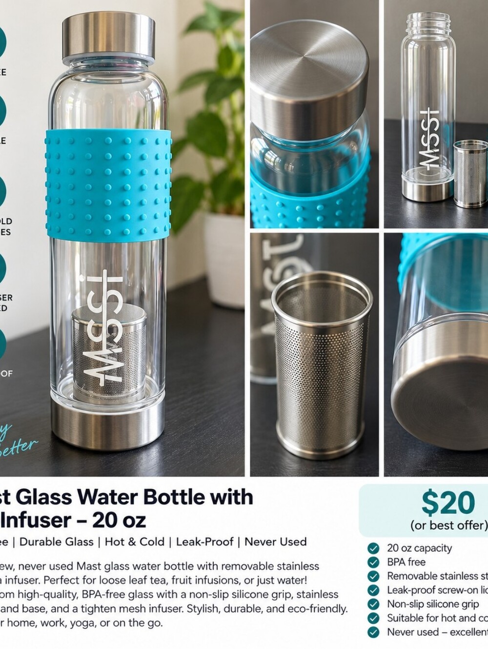 20 oz Glass Water Bottle with Removable Infuser - Turquoise